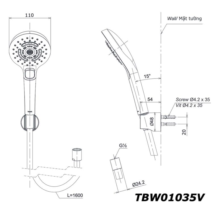 bản vẽ kích thước Tay sen tắm TOTO TBW01035V massage 3 chế độ