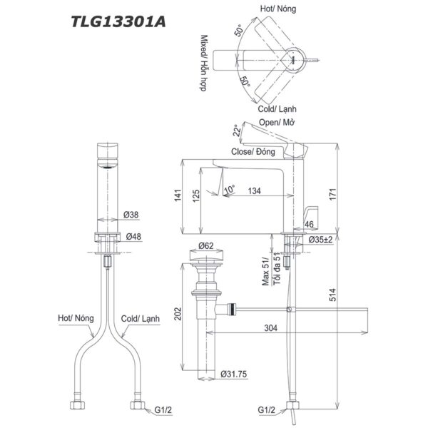 bản vẽ kích thước Vòi lavabo TOTO TLG13301A nóng lạnh GT