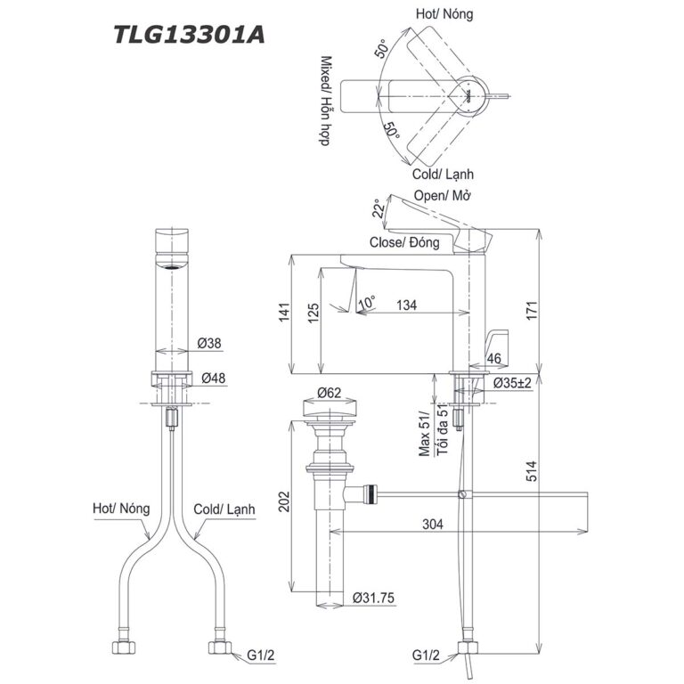 bản vẽ kích thước Vòi lavabo TOTO TLG13301A nóng lạnh GT