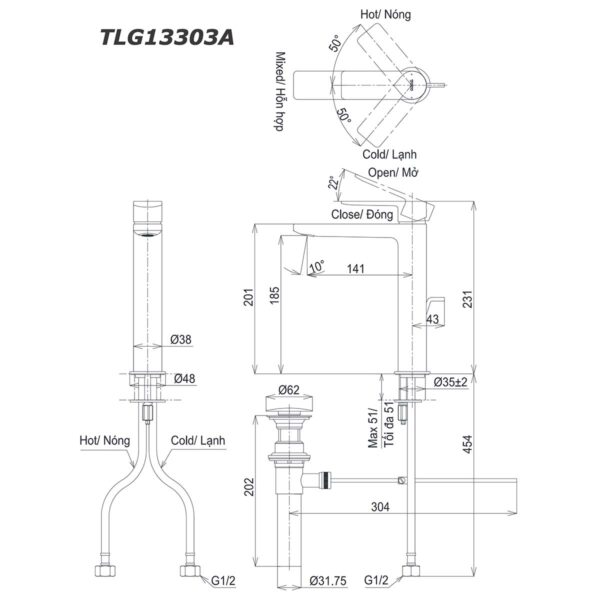 bản vẽ kích thước Vòi lavabo TOTO TLG13303A cổ cao nóng lạnh GT