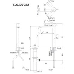 bản vẽ kích thước Vòi lavabo TOTO TLG13305A cổ cao nóng lạnh GT