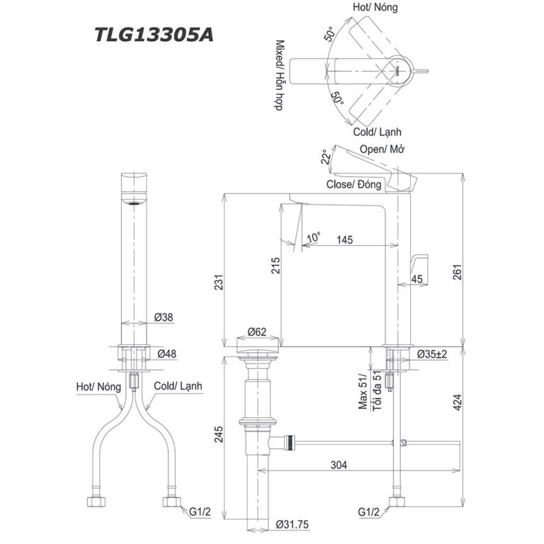 bản vẽ kích thước Vòi lavabo TOTO TLG13305A cổ cao nóng lạnh GT