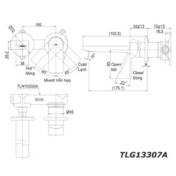 bản vẽ kích thước Vòi lavabo TOTO TLG13307A TLN103G0A 2 lỗ âm tường nóng lạnh GT