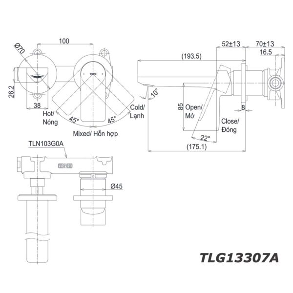 bản vẽ kích thước Vòi lavabo TOTO TLG13307A TLN103G0A 2 lỗ âm tường nóng lạnh GT