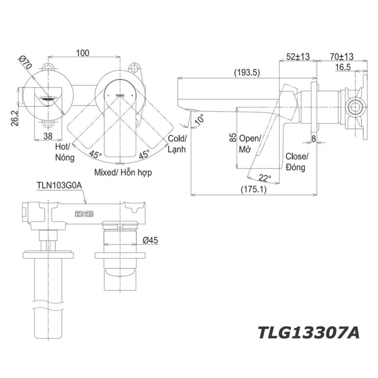 bản vẽ kích thước Vòi lavabo TOTO TLG13307A TLN103G0A 2 lỗ âm tường nóng lạnh GT