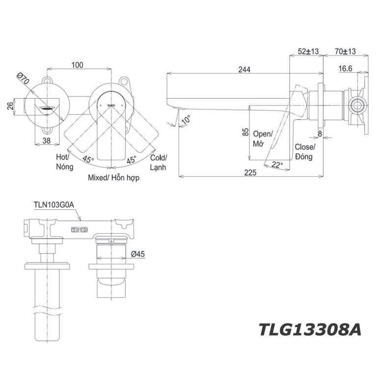 bản vẽ kích thước Vòi lavabo TOTO TLG13308A TLN103G0A 2 lỗ âm tường nóng lạnh GT