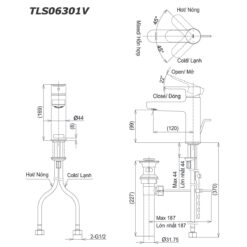 bản vẽ kích thước Vòi lavabo TOTO TLS06301V nóng lạnh
