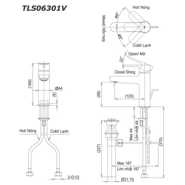 bản vẽ kích thước Vòi lavabo TOTO TLS06301V nóng lạnh