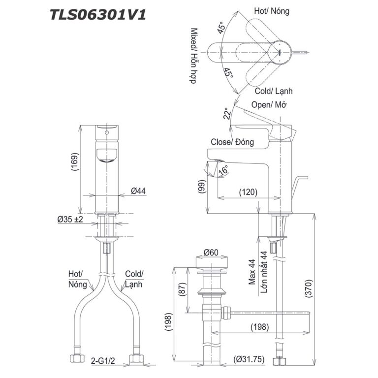 bản vẽ kích thước Vòi lavabo TOTO TLS06301V1 nóng lạnh