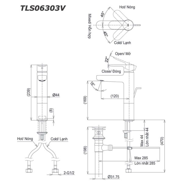 bản vẽ kích thước Vòi lavabo TOTO TLS06303V cổ cao nóng lạnh