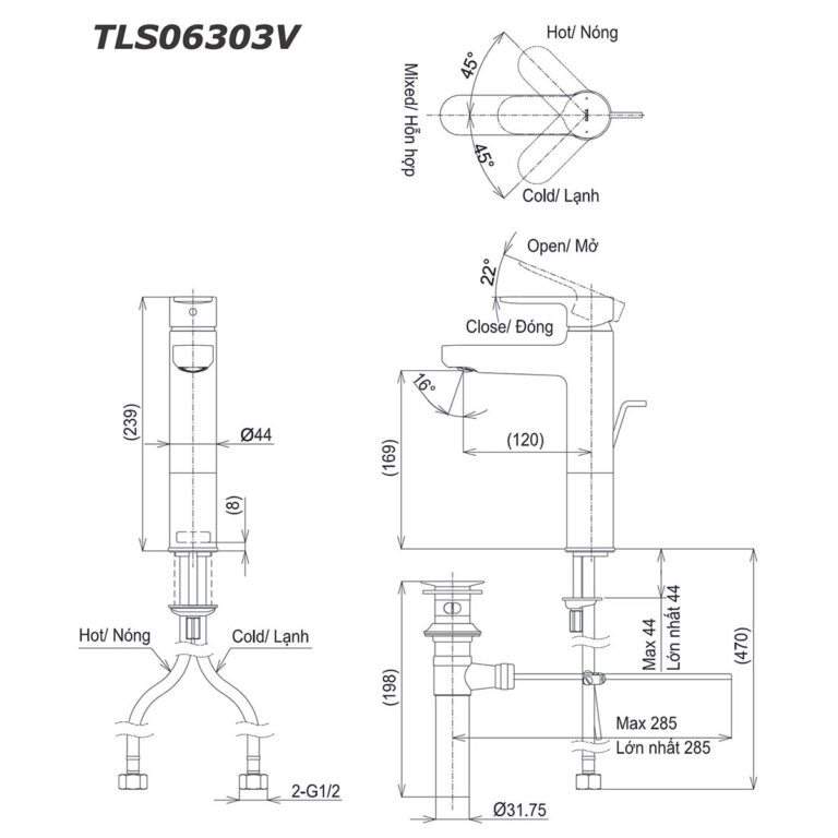 bản vẽ kích thước Vòi lavabo TOTO TLS06303V cổ cao nóng lạnh