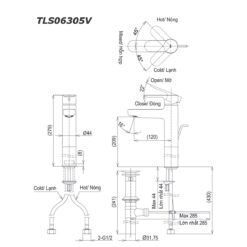 bản vẽ kích thước Vòi lavabo TOTO TLS06305V cổ cao nóng lạnh