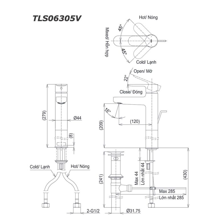 bản vẽ kích thước Vòi lavabo TOTO TLS06305V cổ cao nóng lạnh
