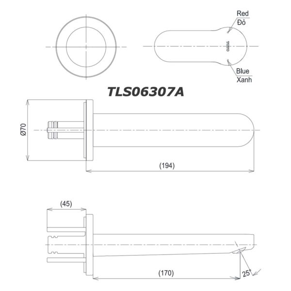 bản vẽ kích thước Vòi lavabo TOTO TLS06307A TLS01309B1 2 lỗ âm tường nóng lạnh LH