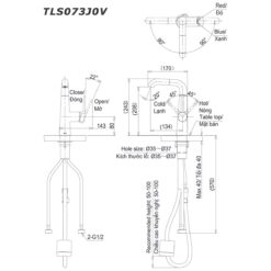 bản vẽ kích thước Vòi lavabo TOTO TLS073J0V nóng lạnh rút dây cổ cao