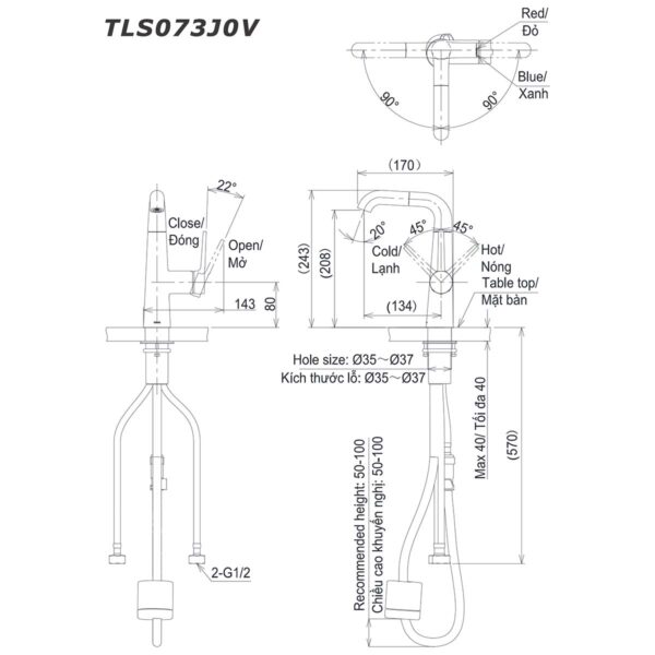 bản vẽ kích thước Vòi lavabo TOTO TLS073J0V nóng lạnh rút dây cổ cao