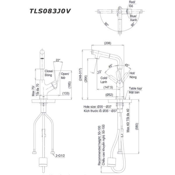 bản vẽ kích thước Vòi lavabo TOTO TLS083J0V nóng lạnh rút dây cổ cao