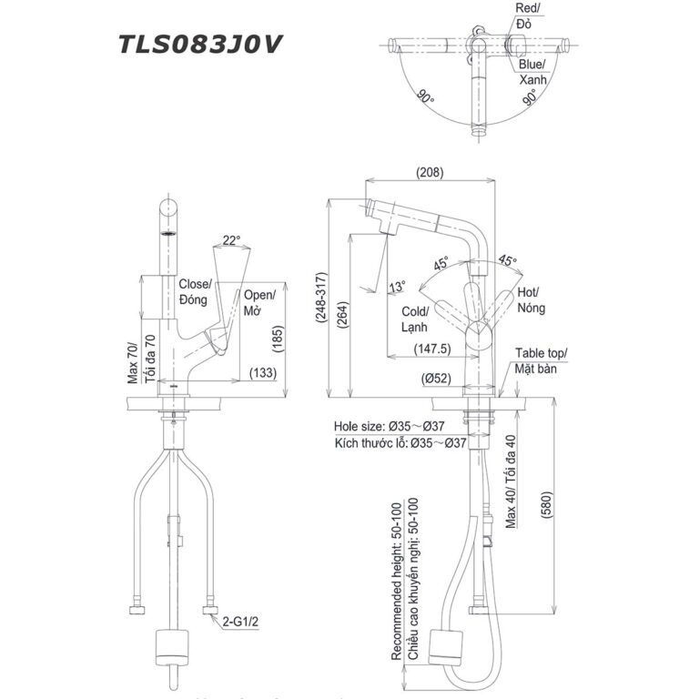 bản vẽ kích thước Vòi lavabo TOTO TLS083J0V nóng lạnh rút dây cổ cao