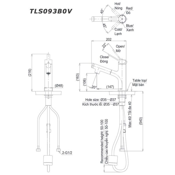 bản vẽ kích thước Vòi lavabo TOTO TLS093B0V nóng lạnh rút dây