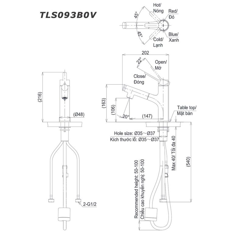bản vẽ kích thước Vòi lavabo TOTO TLS093B0V nóng lạnh rút dây