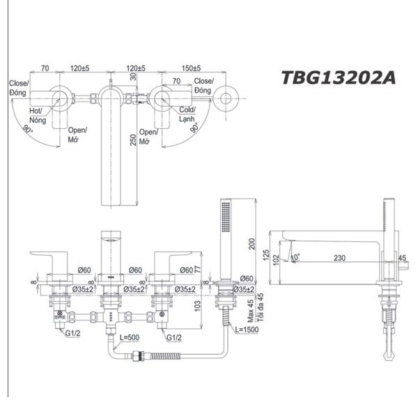 bản vẽ kích thước Vòi sen bồn tắm TOTO TBG13202A gắn bồn 4 lỗ GT nóng lạnh