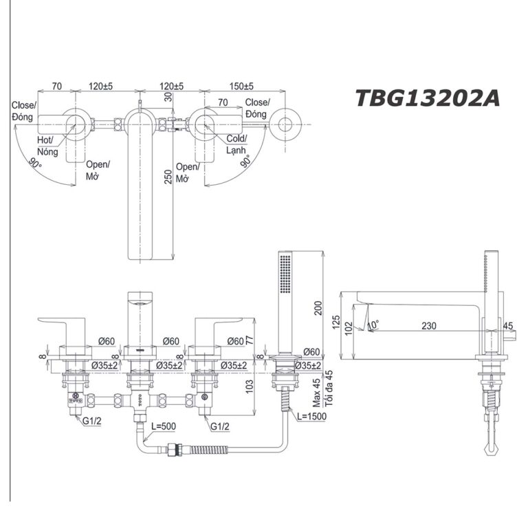 bản vẽ kích thước Vòi sen bồn tắm TOTO TBG13202A gắn bồn 4 lỗ GT nóng lạnh
