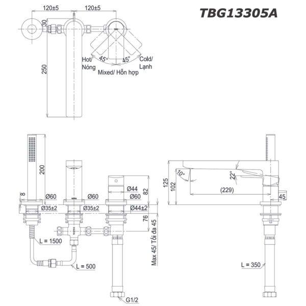 bản vẽ kích thước Vòi sen bồn tắm TOTO TBG13305A gắn bồn 3 lỗ GT nóng lạnh
