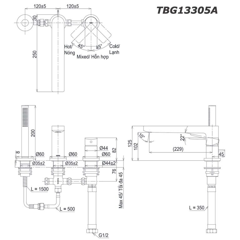 bản vẽ kích thước Vòi sen bồn tắm TOTO TBG13305A gắn bồn 3 lỗ GT nóng lạnh