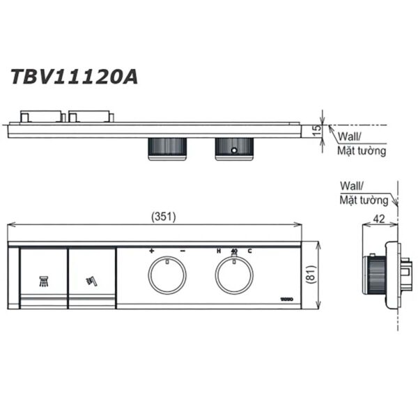bản vẽ kích thước Bảng điều khiển sen âm tường TOTO TBV11120A TBN11BC0A 2 đường nước