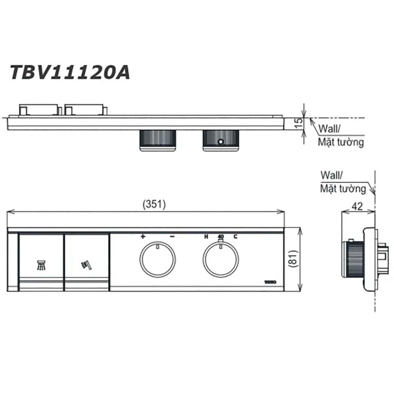 bản vẽ kích thước Bảng điều khiển sen âm tường TOTO TBV11120A TBN11BC0A 2 đường nước