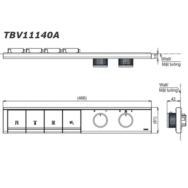 bản vẽ kích thước Bảng điều khiển sen âm tường TOTO TBV11140A TBN11FC0A 4 đường nước