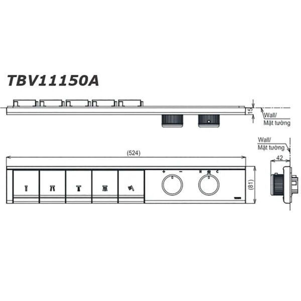 bản vẽ kích thước Bảng điều khiển sen âm tường TOTO TBV11150A TBN11HC0A 5 đường nước