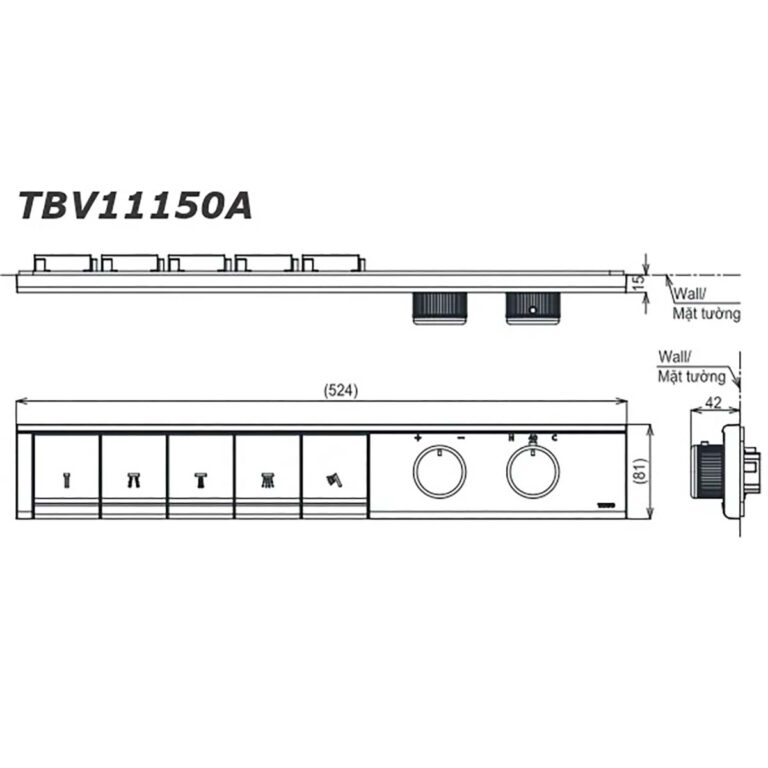bản vẽ kích thước Bảng điều khiển sen âm tường TOTO TBV11150A TBN11HC0A 5 đường nước