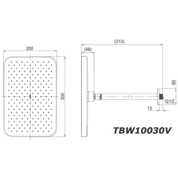 bản vẽ kích thước Bát sen âm tường TOTO TBW10030V gắn trần