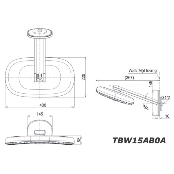 bản vẽ kích thước Bát sen âm tường TOTO TBW15AB0A gắn tường