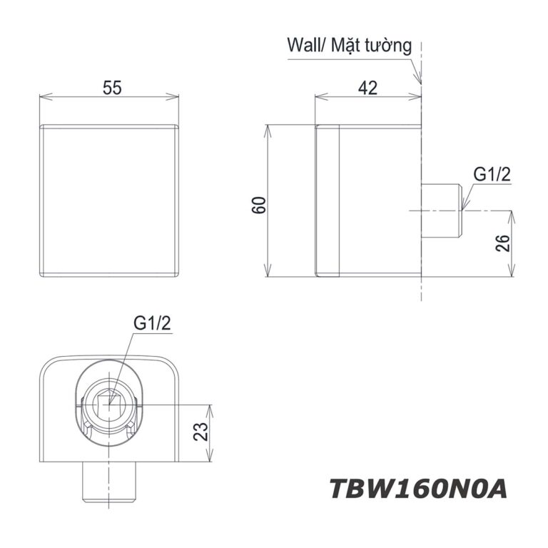 bản vẽ kích thước Cút nối TOTO TBW160N0A kèm gác sen âm tường