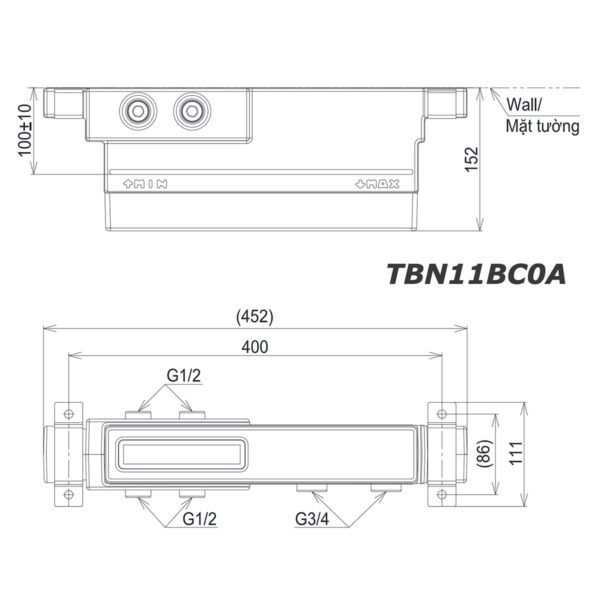 bản vẽ kích thước Van âm tường TOTO TBN11BC0A 2 đường nước