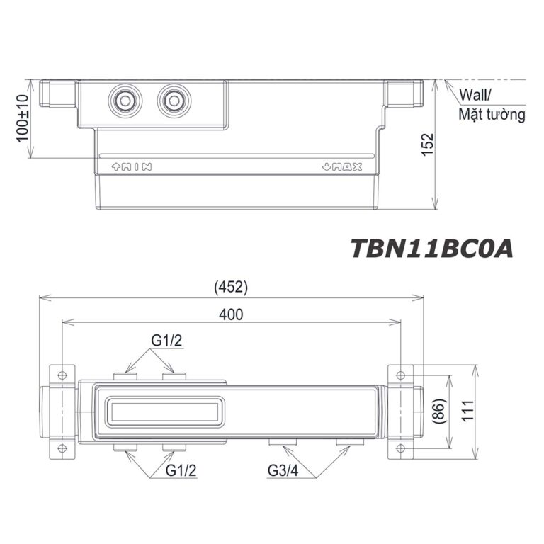 bản vẽ kích thước Van âm tường TOTO TBN11BC0A 2 đường nước