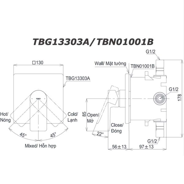 bản vẽ kích thước Van gật gù TOTO TBG13303A TBN01001B sen âm tường GT