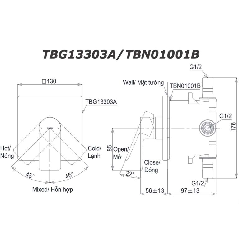 bản vẽ kích thước Van gật gù TOTO TBG13303A TBN01001B sen âm tường GT