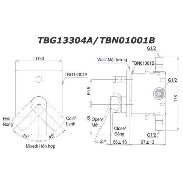 bản vẽ kích thước Van gật gù TOTO TBG13304A TBN01001B sen âm tường GT
