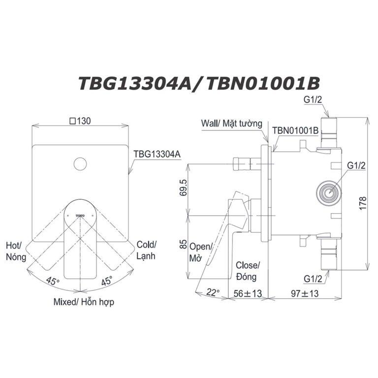 bản vẽ kích thước Van gật gù TOTO TBG13304A TBN01001B sen âm tường GT