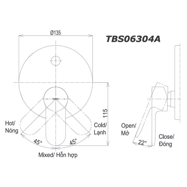 bản vẽ kích thước Van gật gù TOTO TBS06304A TBS01304B1 sen âm tường LH