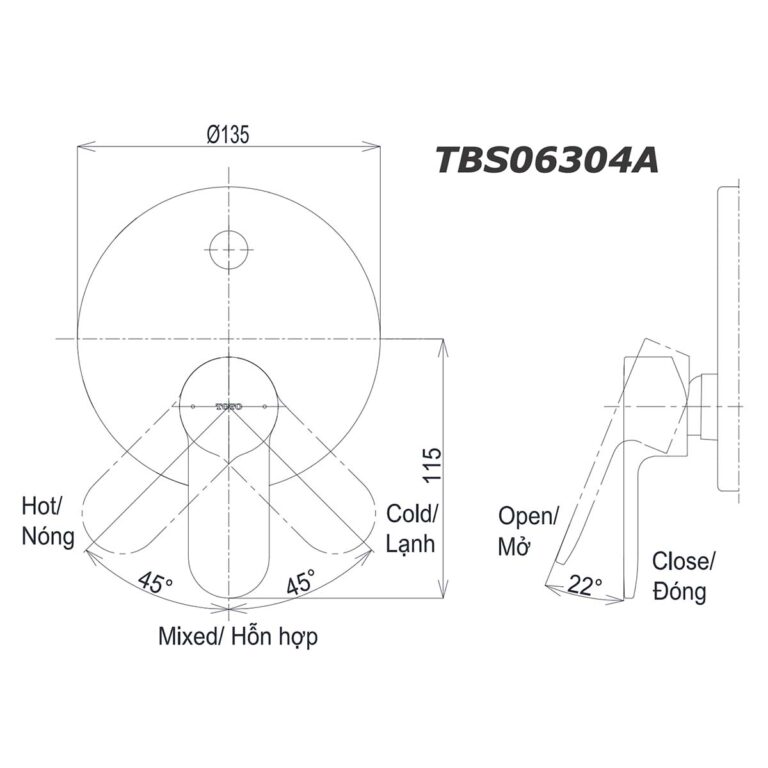 bản vẽ kích thước Van gật gù TOTO TBS06304A TBS01304B1 sen âm tường LH