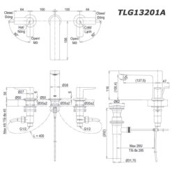bản vẽ kích thước Vòi lavabo TOTO TLG13201A nóng lạnh 3 lỗ GT