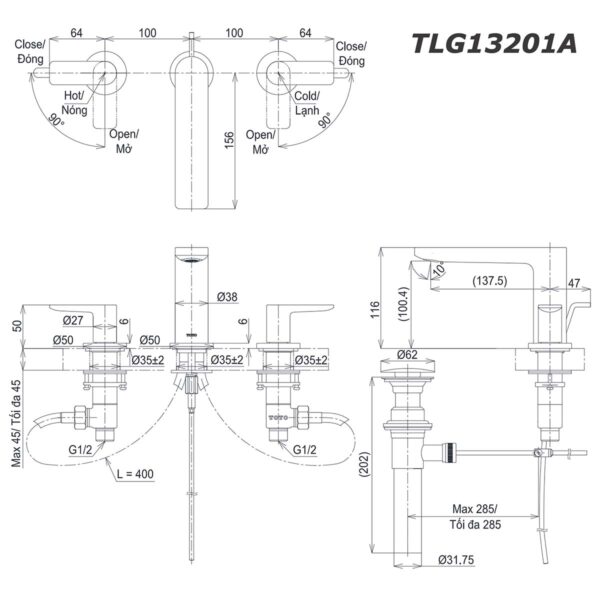 bản vẽ kích thước Vòi lavabo TOTO TLG13201A nóng lạnh 3 lỗ GT