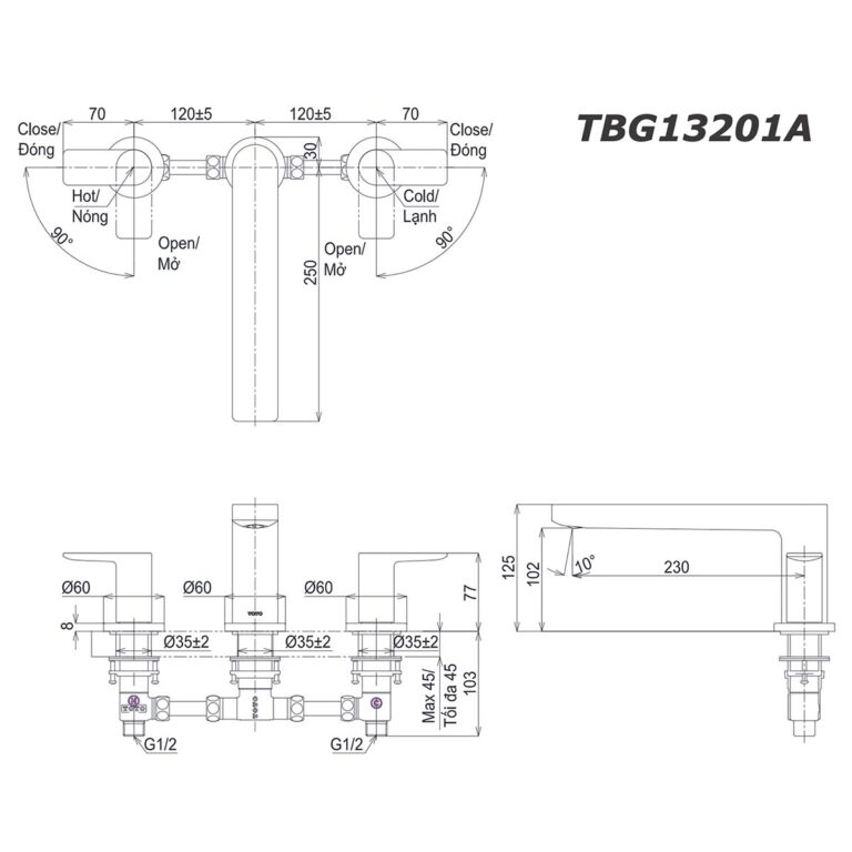 bản vẽ kích thước Vòi sen bồn tắm TOTO TBG13201A gắn bồn 3 lỗ GT nóng lạnh