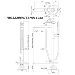bản vẽ kích thước Vòi sen bồn tắm TOTO TBG13306A TBN01105B đặt sàn nóng lạnh