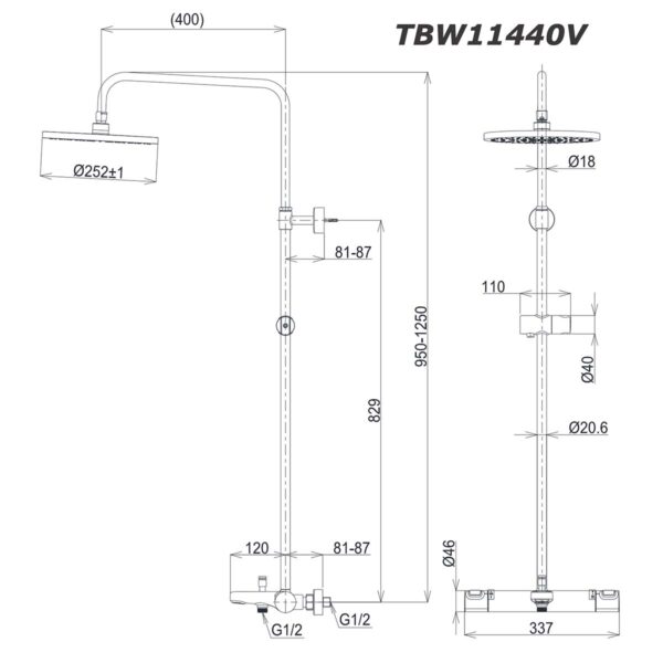 bản vẽ kích thước Vòi sen cây TOTO TBW11440V nhiệt độ