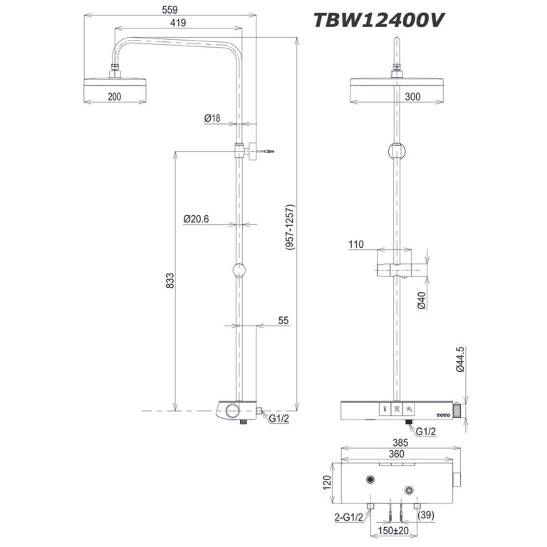 bản vẽ kích thước Vòi sen cây TOTO TBW12400V nhiệt độ